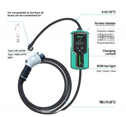PRTDT Portable EV Charger for AL-GHAZI Cars 7KW 32A Type2 CEE Plug J1772 GB/T Cord 5M Cable